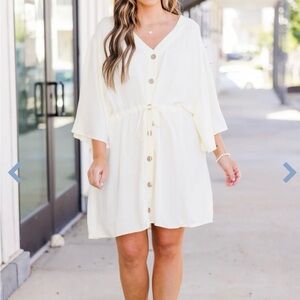 Chic Soul Cream Button-Front Drawstring Mini Dress
